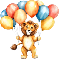 ai generado un dibujos animados león participación arriba globos en un transparente antecedentes png