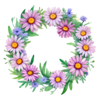 AI generated watercolor purple daisy wreath on transparent background png