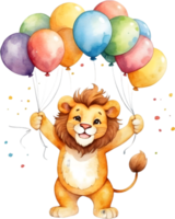 AI generated a cartoon lion holding up balloons on a transparent background png