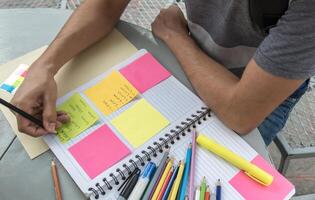 A student writing and making notes in a notebook photo