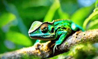 AI generated Colorful chameleon on the tree in the forest. Close up. ai generative photo