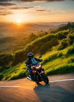 ai generado motociclista montando un motocicleta en un país la carretera a puesta de sol. ai generativo foto