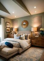 AI generated interior of classic bedroom, comfortable king size bed. ai generative photo