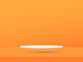 3d White Podium Showcase is floating on the floor colored orange background design. Vector paper art illustration