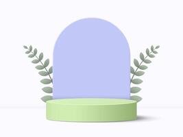 3d green podium with violet backdrop and leaves design. Abstract pastel colored Showcase. Vector illustration