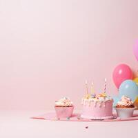 AI generated birthday holiday background, cakes with candles and copy space photo