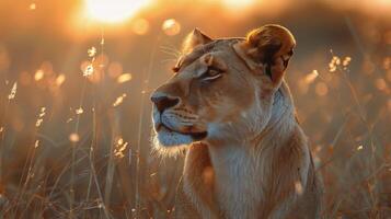 AI generated White Lion Sitting in Grass Field photo