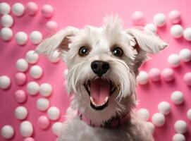 ai generado un blanco Schnauzer perro con su boca abrió en un rosado antecedentes foto