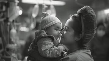 ai generado mujer participación bebé en su brazos foto