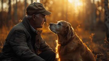 ai generado camuflado hombre participación perro en bosque foto