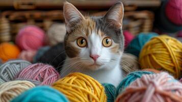 AI generated Cat Sitting Among Balls of Yarn photo