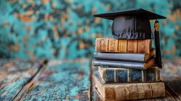 AI generated Stack of Books With Graduation Cap photo