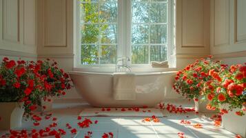 ai generado bañera lleno con flores en frente de ventana foto