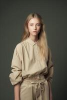 AI generated fashion model girl in beige wear photo