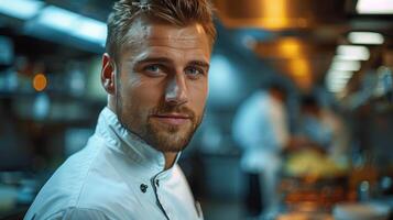 ai generado cocinero en uniforme propensión terminado mostrador foto