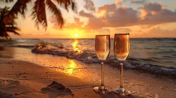 AI generated Two Glasses of Champagne on a Beach at Sunset photo