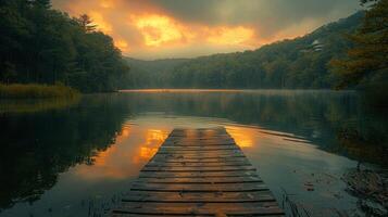 ai generado muelle con vista a lago siguiente a bosque foto