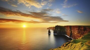 ai generado el asombroso belleza de puesta de sol a el acantilados de Moher foto