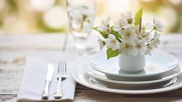 AI generated Celebrating Spring with a Table Setting Framed by White Floral Accents photo