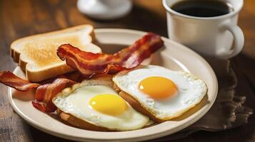 AI generated Enjoying the Richness of Sunny Side Up Eggs, Bacon, and Pancakes, Served on Wood photo