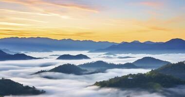 AI generated Breaking Dawn Over a Foggy Mountain Valley Landscape photo