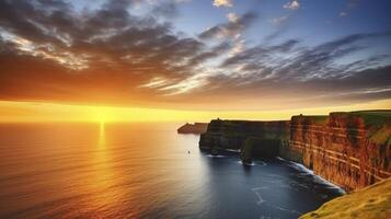 ai generado puesta de sol serenata - el acantilados de Moher en el tranquilo ligero de noche foto