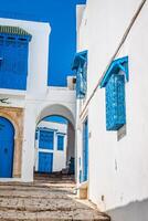 sidi bou dijo - típico edificio con blanco paredes, azul puertas y ventanas, Túnez foto