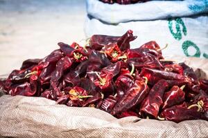 Red paprica in traditional vegetable market in Morocco photo