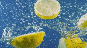 submarino limón rebanada en soda agua o limonada con burbujas foto