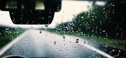 Rain shower on car windshield or car window and blurry road in background. photo