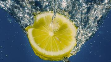 Underwater lemon slice in soda water or lemonade with bubbles. photo