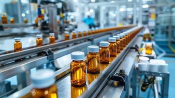 AI generated Medical vials production line in a pharmaceutical factory photo