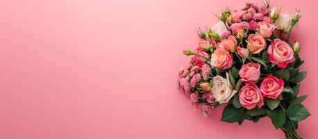 AI generated A bouquet of rose flowers placed beside a pink background, copy space photo