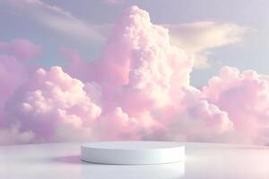 AI generated product display white podium with subtle pink cloud sky background photo