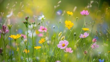 AI generated springtime flower meadow, blooming field background photo