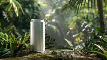 AI generated blank silver energy drink can mock-up, jungle background photo