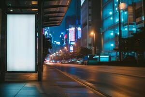 AI generated blank white digital billboard poster at a bus stop, mock-up for advertisements photo