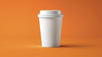 AI generated paper coffee cup on orange color background, mock-up, copy space photo