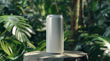 AI generated blank silver energy drink can mock-up, jungle background photo