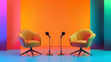AI generated podcast studio with two chairs and microphone, vibrant color photo