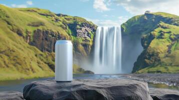 AI generated blank silver energy drink can mock-up, mountain waterfall background photo