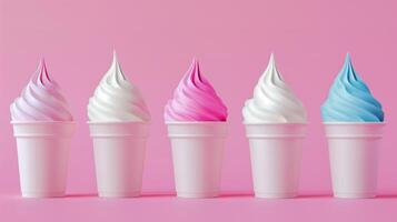 AI generated ice cream in paper cup mock-up on pink background, ice cream swirl photo