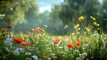 AI generated springtime flower meadow, blooming field background photo