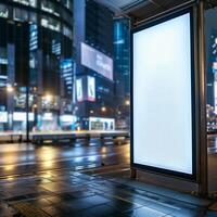 AI generated blank white digital billboard poster at a bus stop, mock-up for advertisements photo