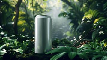 AI generated blank silver energy drink can mock-up, jungle background photo