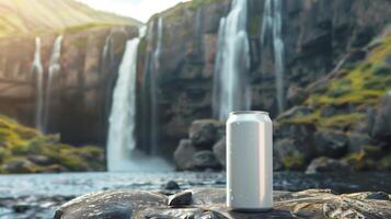 AI generated blank silver energy drink can mock-up, mountain waterfall background photo