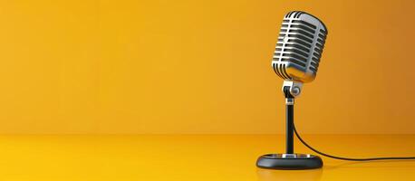 AI generated podcast microphone with vibrant yellow background banner for recording studio, copy space photo