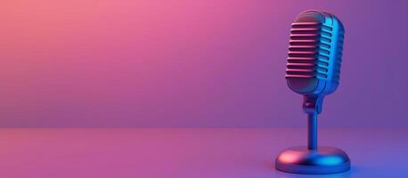 AI generated podcast microphone with vibrant color background banner for recording studio, copy space photo