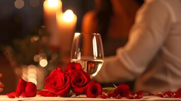 ai generado romántico cena con velas y rosas foto