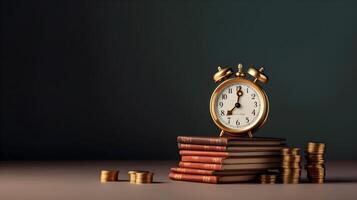 AI generated golden alarm clock on stack of books with coins photo